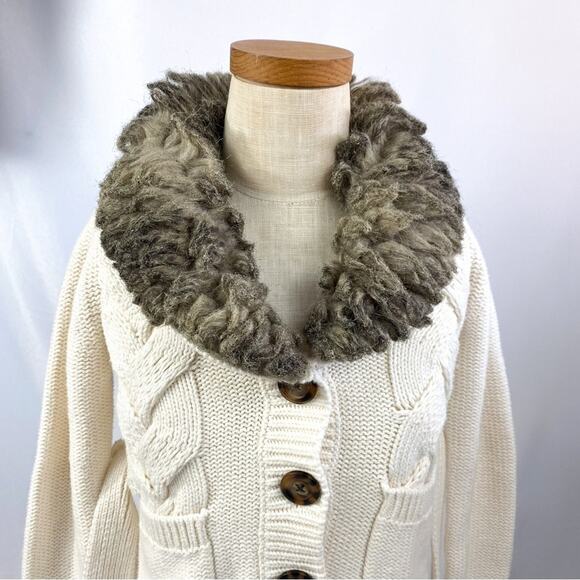 Gap Kids Belted Cardigan Sweater Girls S Cream Chunky Cable Knit Faux Fur Collar - Picture 3 of 6